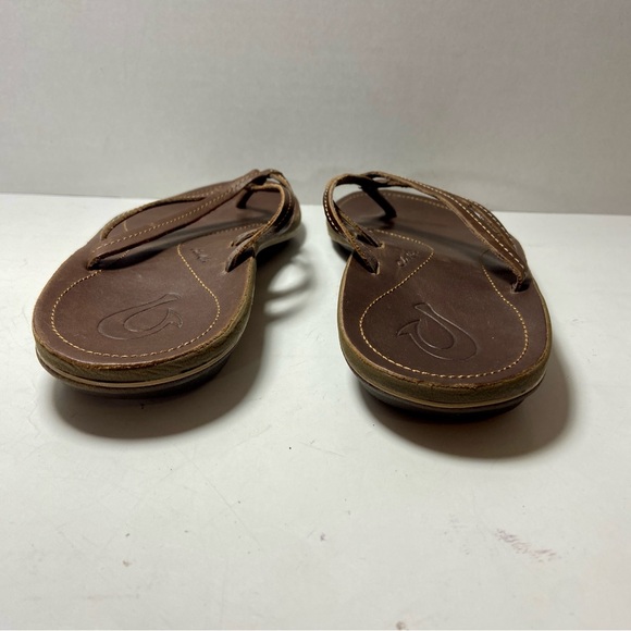 OLUKAI womens brown leather strappy thong sandals beach lake boating flip flop - Picture 8 of 9